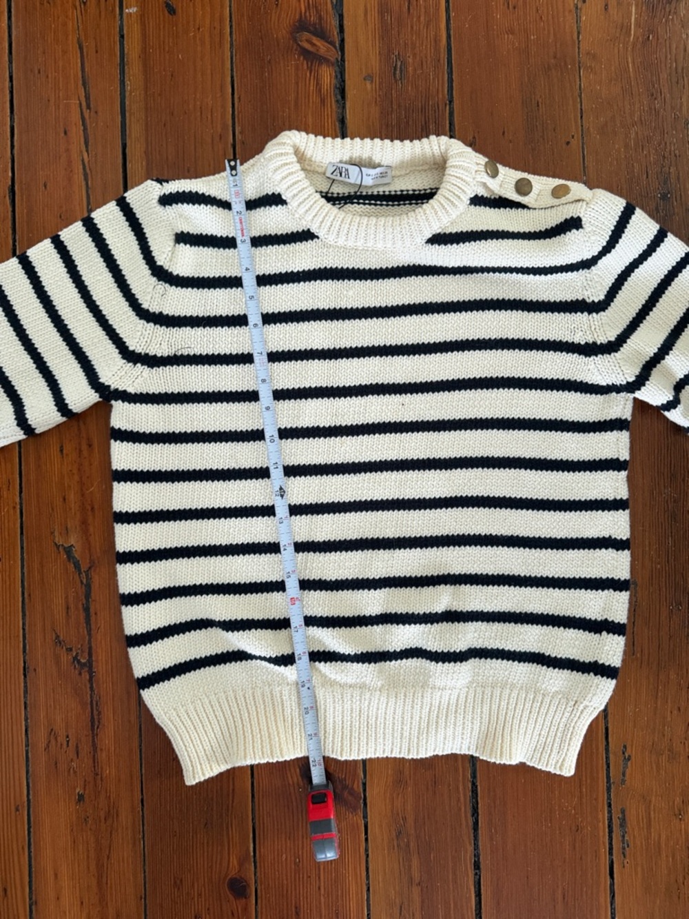 Zara Striped Cream and navy nautical preppy Crewneck Sweater w gold buttons - Picture 4 of 4